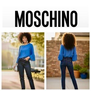 Moschino Women's Dark Blue Denim Peace Boot Cut Jeans 34